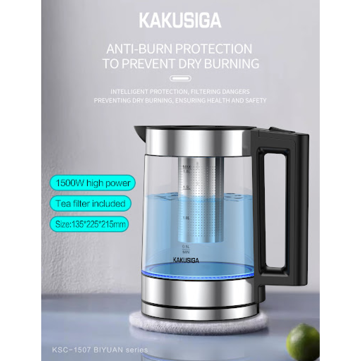 Γυάλινος Ηλεκτρικός Βραστήρας 1.8L με Φίλτρο Τσαγιού, LED Φωτισμό και Προστασία Υπερθέρμανσης KAKUSIGA KSC-1507 - Image 3
