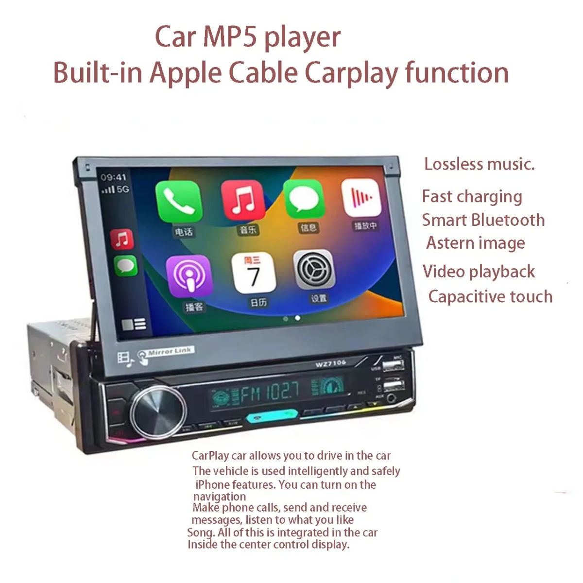 Multimedia Οθόνη Αυτοκινήτου 1DIN 7" Αναδιπλούμενη Με Wireless CarPlay Android Auto Bluetooth Και FM - Image 5
