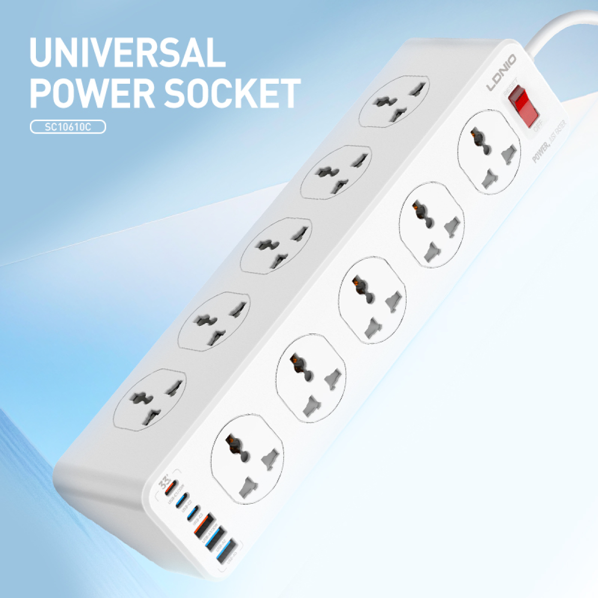 Πολύπριζο 10 Θέσεων Με 3 USB-A Και 3 USB-C PD 30W 2500W 2m LDNIO SC10610C - Image 5