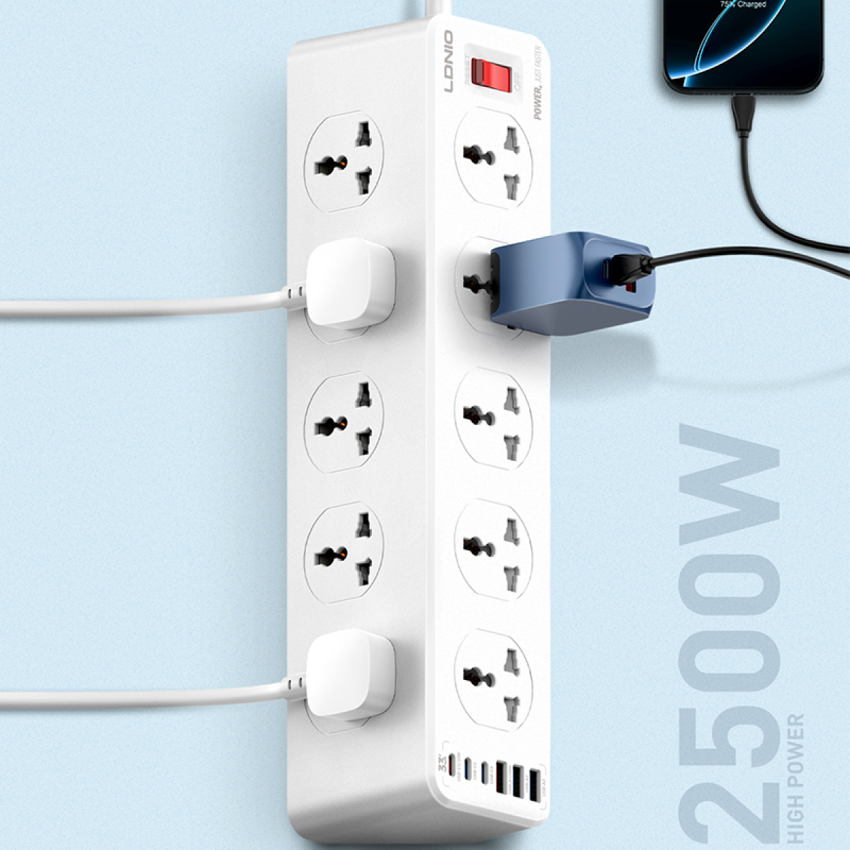 Πολύπριζο 10 Θέσεων Με 3 USB-A Και 3 USB-C PD 30W 2500W 2m LDNIO SC10610C - Image 4