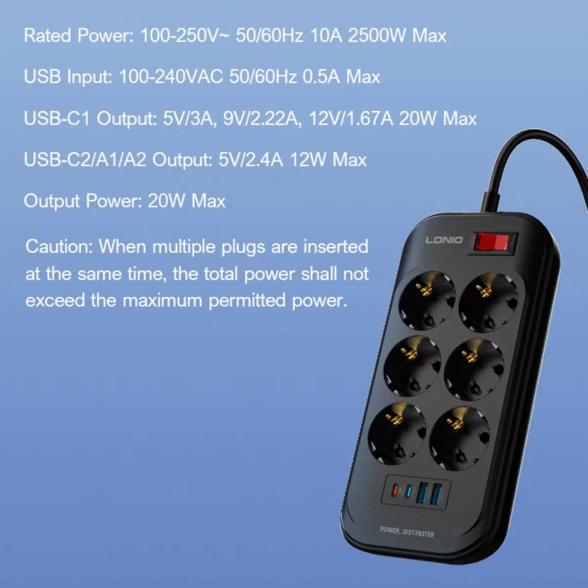 Πολύπριζο 6 Θέσεων Με 2 USB-A Και 2 USB-C 2500W 2m LDNIO SE6403C - Image 4