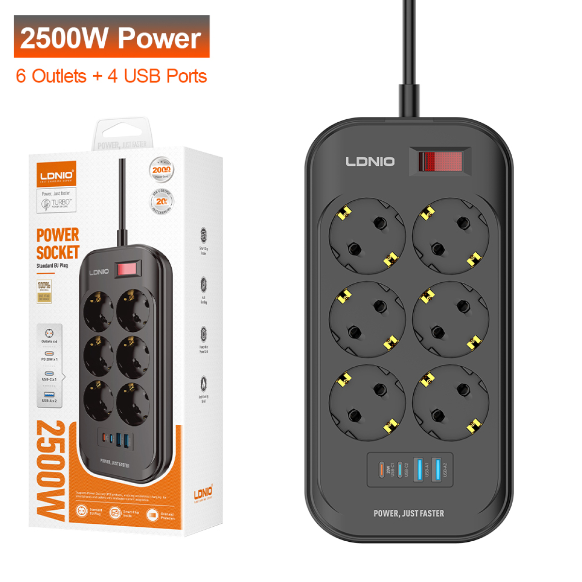 Πολύπριζο 6 Θέσεων Με 2 USB-A Και 2 USB-C 2500W 2m LDNIO SE6403C - Image 3