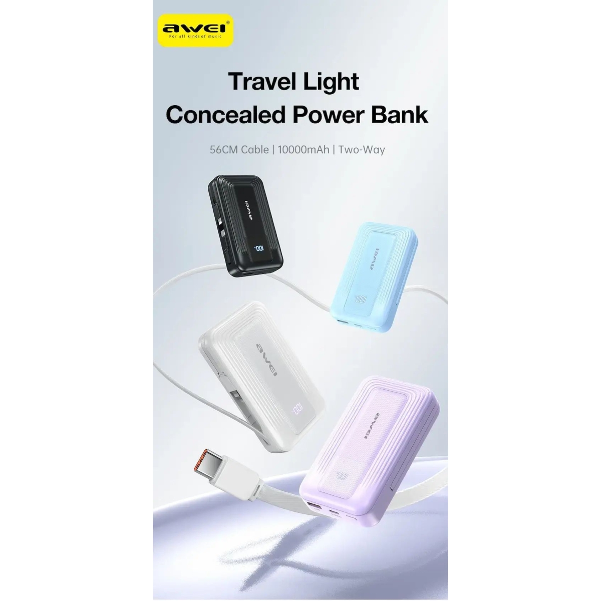 Power Bank 10000mAh Με Ενσωματωμένα Καλώδια USB-C Και Lightning Και Γρήγορη Φόρτιση 22.5W Awei PA-1 - Image 2