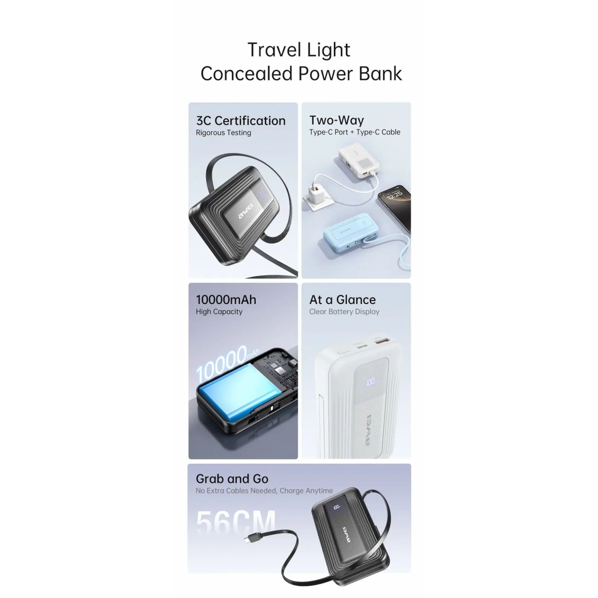 Power Bank 10000mAh Με Ενσωματωμένα Καλώδια USB-C Και Lightning Και Γρήγορη Φόρτιση 22.5W Awei PA-1 - Image 7