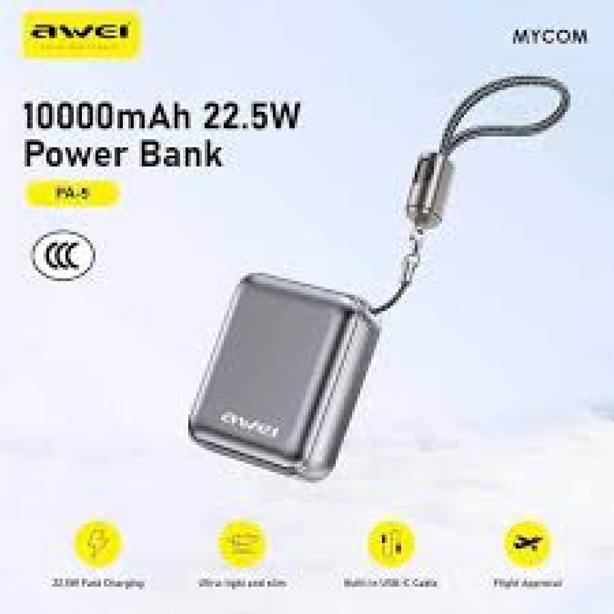 Power Bank 10000mAh Με Ενσωματωμένο Καλώδιο Και Γρήγορη Φόρτιση 22.5W Awei PA-5 - Image 3