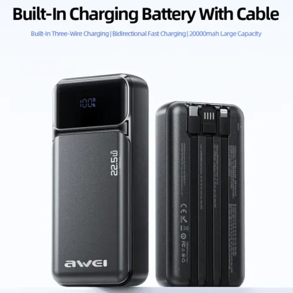 Power Bank 20000mAh 22.5W Με Ενσωματωμένα Καλώδια USB-C & Lightning Awei PA-93 - Image 2