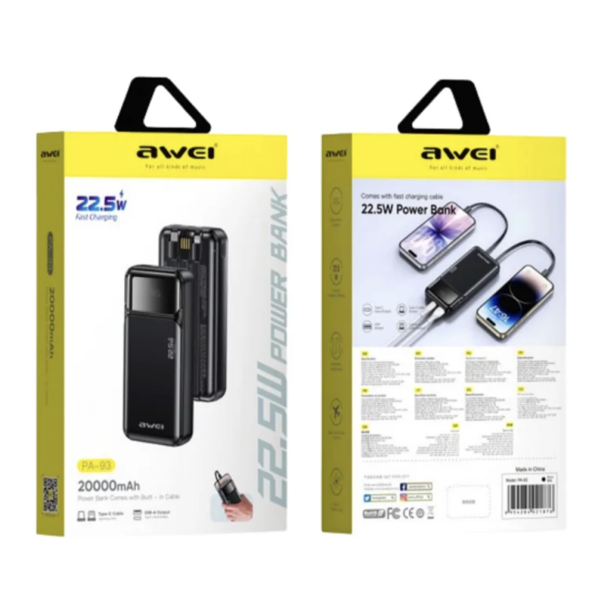 Power Bank 20000mAh 22.5W Με Ενσωματωμένα Καλώδια USB-C & Lightning Awei PA-93 - Image 3