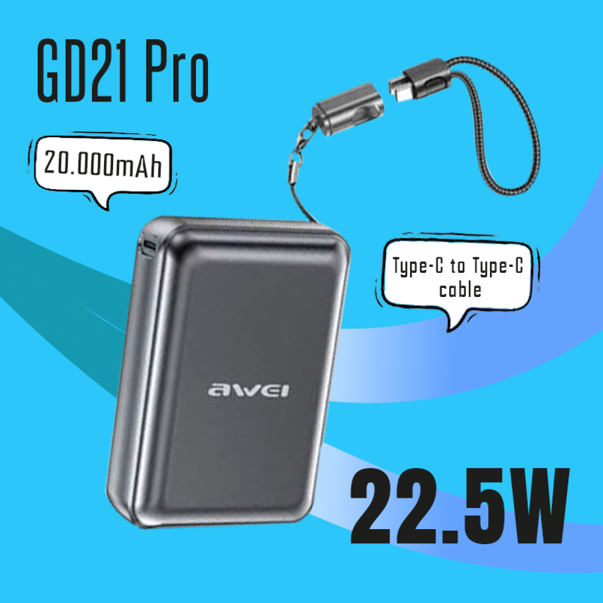 Power Bank 20000mAh Με Ενσωματωμένο Καλώδιο USB-C Και Γρήγορη Φόρτιση 22.5W Awei GD21 Pro - Image 3