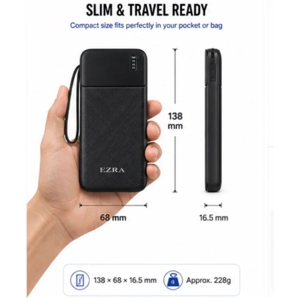 Power Bank EZRA PB147 10000mAh με 4 Ενσωματωμένα Καλώδια & LED Φακό