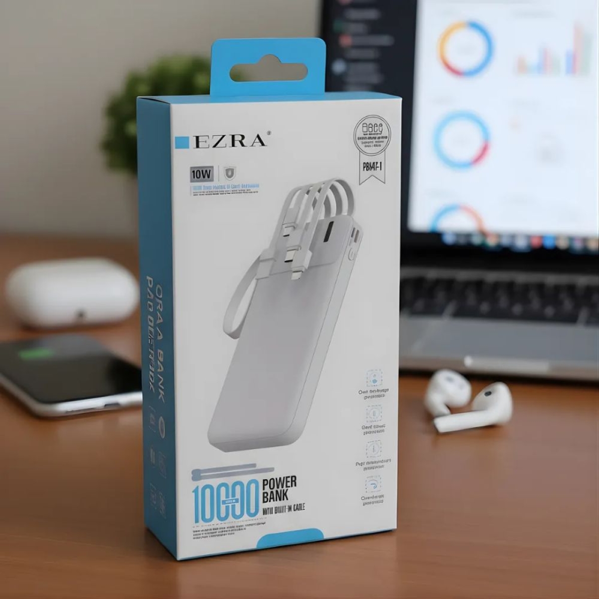 Power Bank EZRA PB147 10000mAh με 4 Ενσωματωμένα Καλώδια & LED Φακό - Image 5