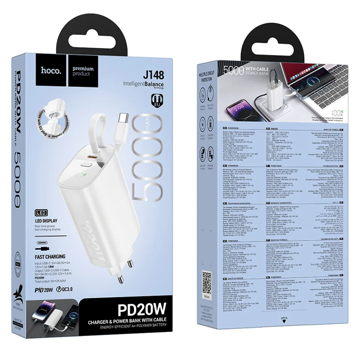 Power Bank Και Φορτιστής 5000mAh PD 20W Με Ενσωματωμένο Καλώδιο USB-C Hoco J148 Handy - Image 3