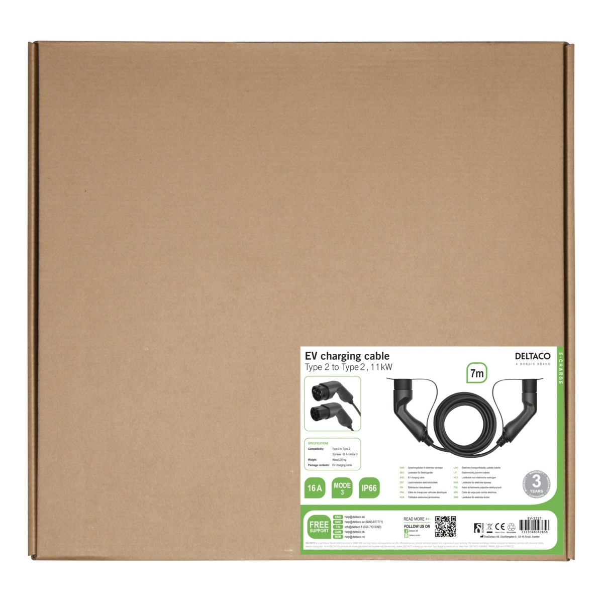 Deltaco Καλώδιο Φόρτισης E-Charge, cable type 2 - type 2, 3 phase, 16A, 7M EV-3217 - Image 4