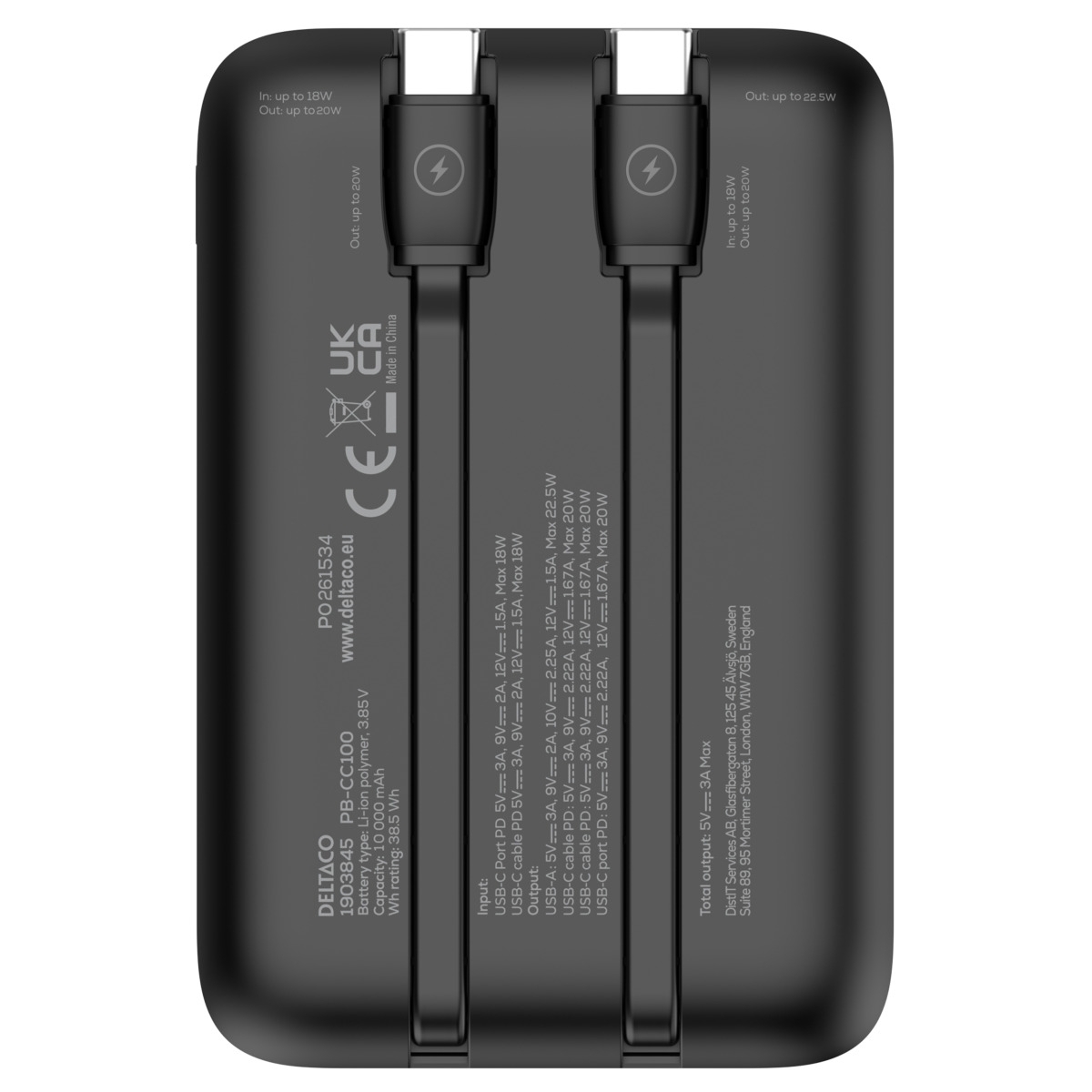 Deltaco Power bank 10.000 mAh, 1xUSB-A, 1xUSB-C, 2x Ενσωματωμένα Καλώδια USB-C, PD 20 W, Μαύρο PB-CC100 - Image 4