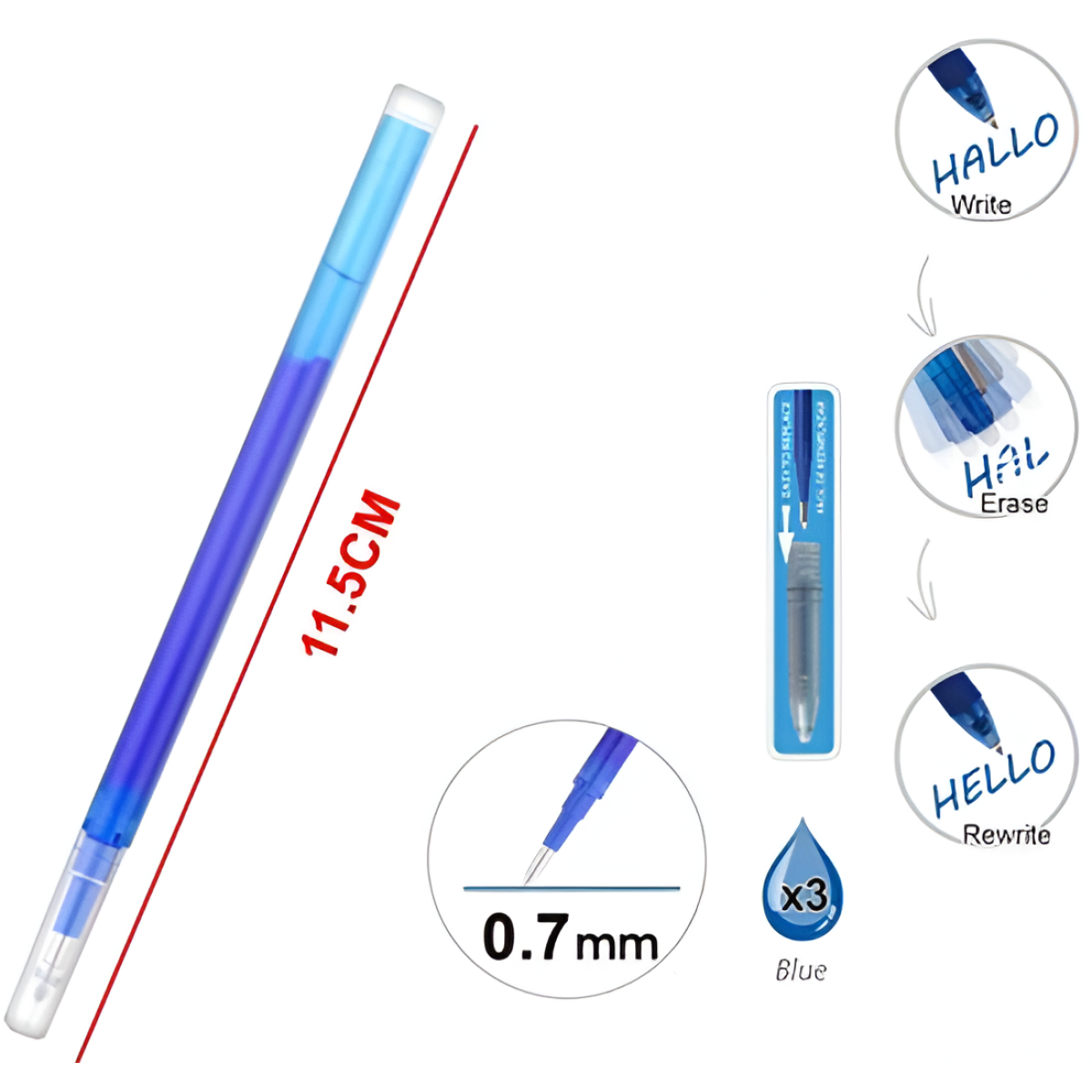 Ανταλλακτικά Στυλό Gel που Σβήνει 0.7mm Μπλε 3 τμχ Motarro MC004-2 - Image 2