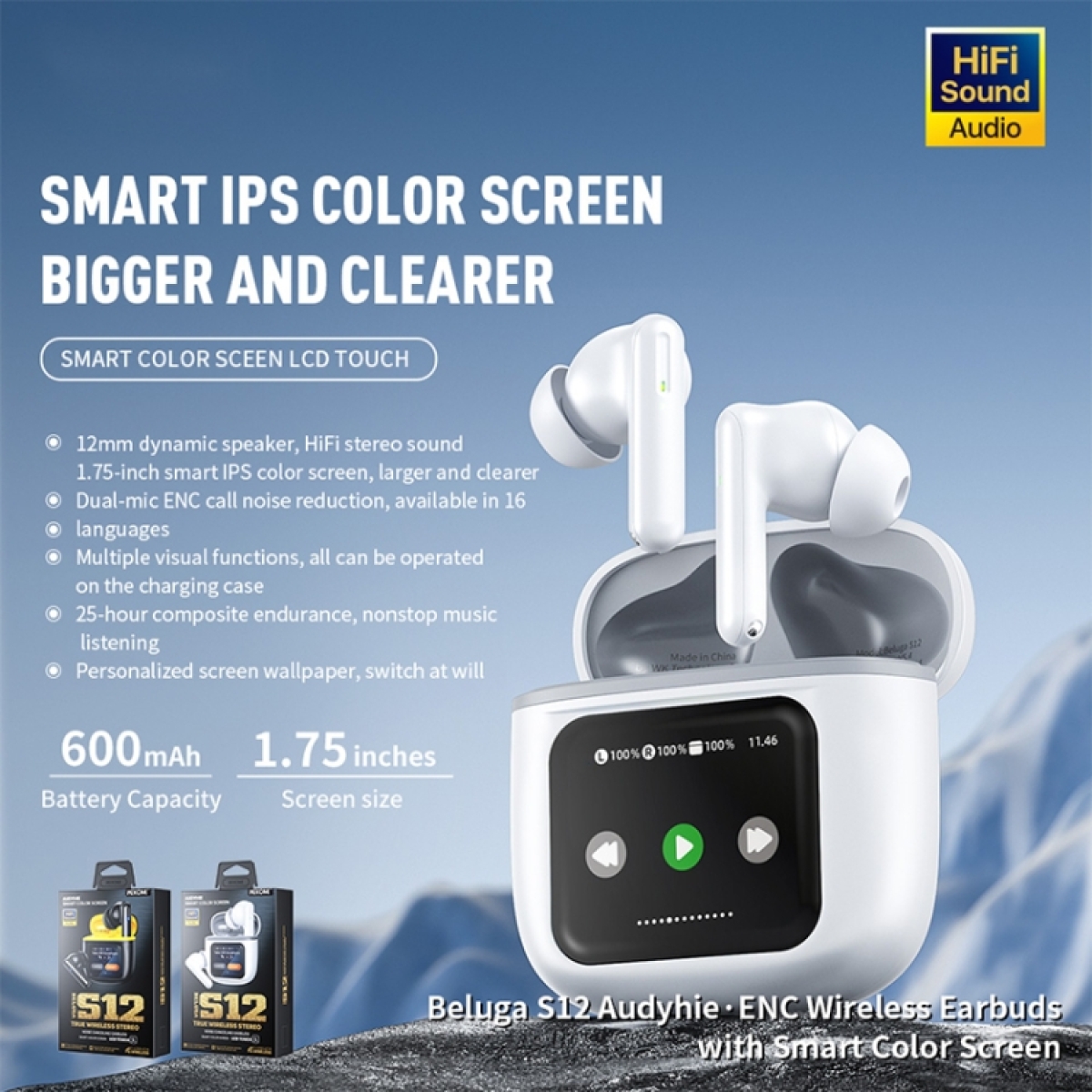 Ασύρματα Bluetooth Ακουστικά TWS με Έγχρωμη Smart Οθόνη IPS και ENC WEKOME S12 - Image 6