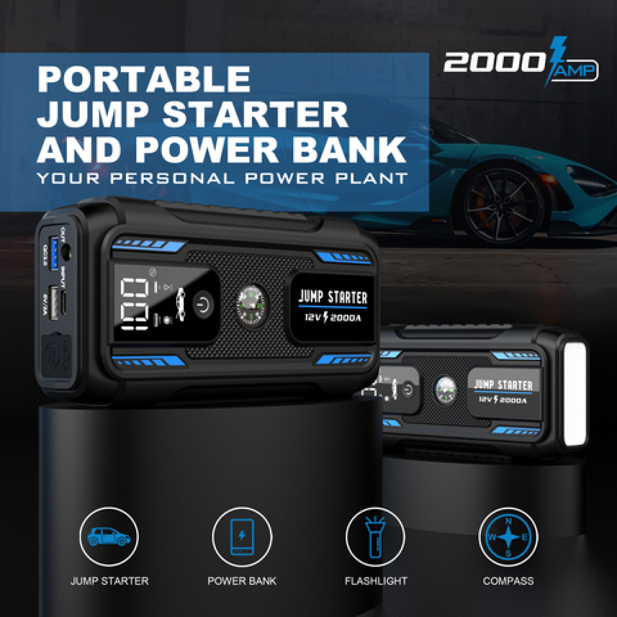 Εκκινητής Μπαταρίας Αυτοκινήτου 12V 22000mAh 2000A με Power Bank, Φακό & Πυξίδα QY18 - Image 8