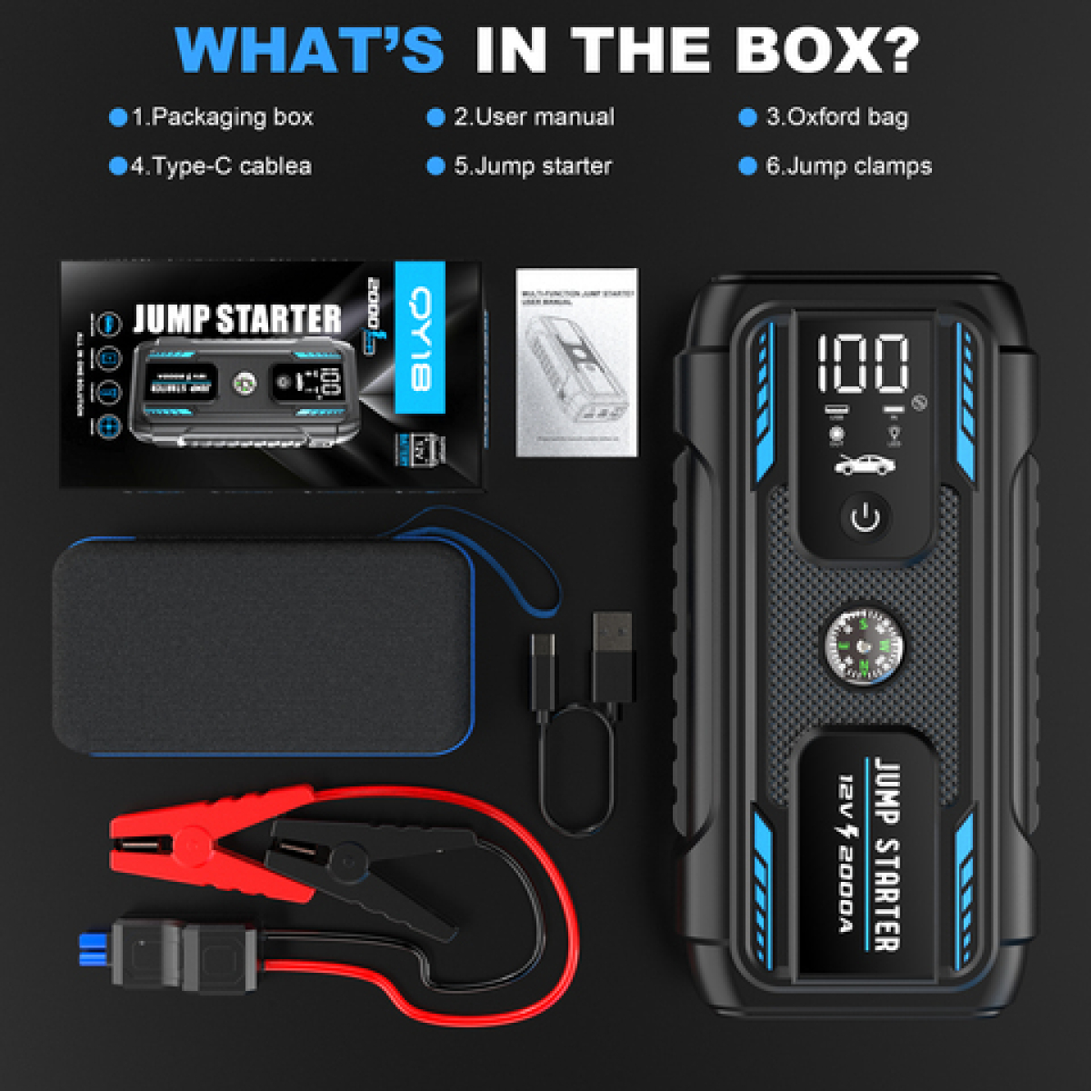 Εκκινητής Μπαταρίας Αυτοκινήτου 12V 22000mAh 2000A με Power Bank, Φακό & Πυξίδα QY18 - Image 9