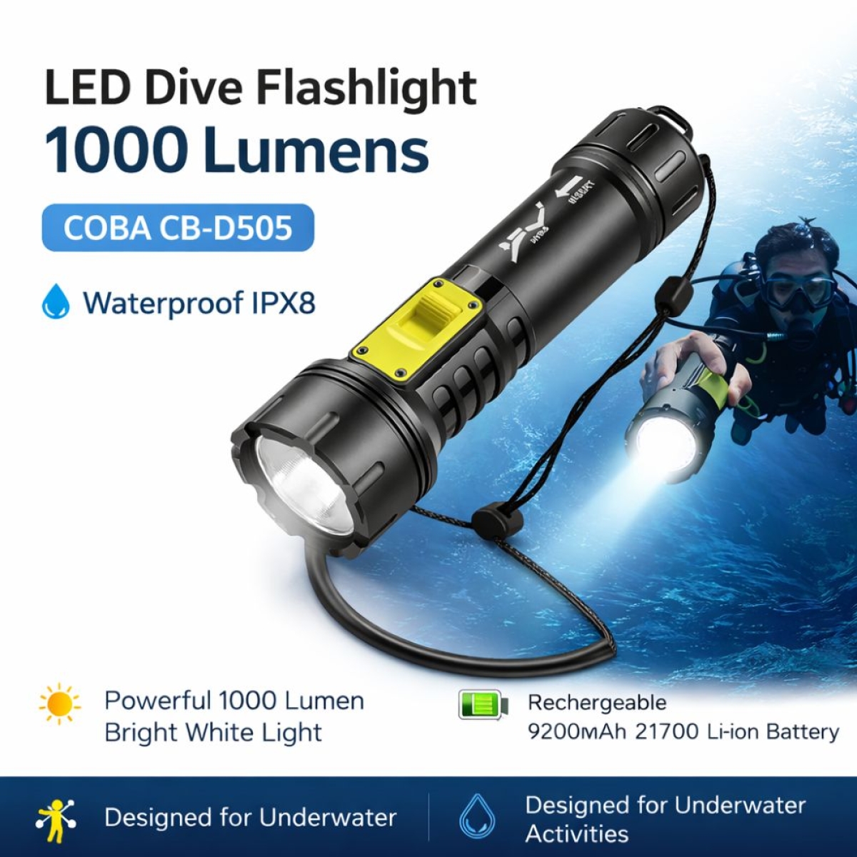 Επαναφορτιζόμενος Φακός Κατάδυσης LED 1000lm IPX8 με Μπαταρία 9200mAh COBA CB-D505