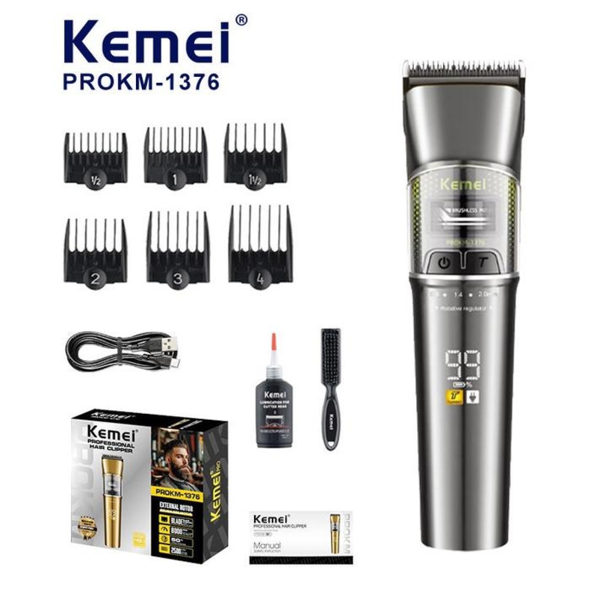 Επαγγελματική Κουρευτική Μηχανή Brushless USB με Black Diamond DLC Λεπίδα & LCD Οθόνη Kemei KM-1376 Pro
