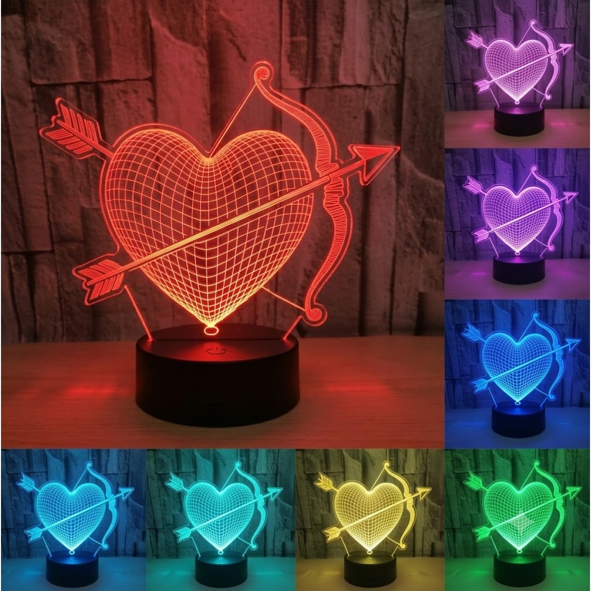 Επιτραπέζιο Φωτιστικό LED 3D Με 7 Χρώματα - Καρδιά με Βέλη