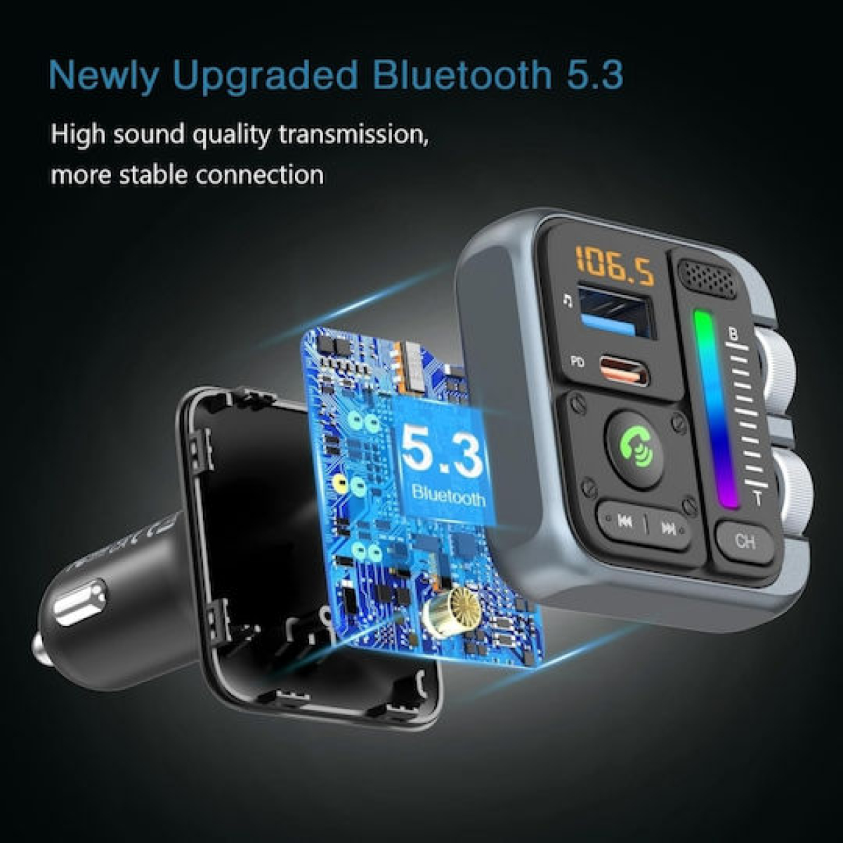 FM Transmitter Bluetooth Αυτοκινήτου με USB-C PD, USB Fast Charge, MP3 Player και RGB Φωτισμό P40 - Image 4