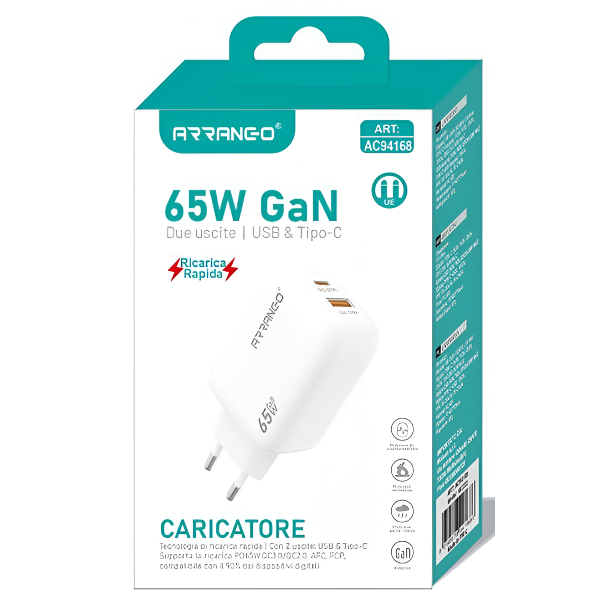 Φορτιστής Γρήγορης Φόρτισης GaN 65W USB-C & USB Arrango AC94168