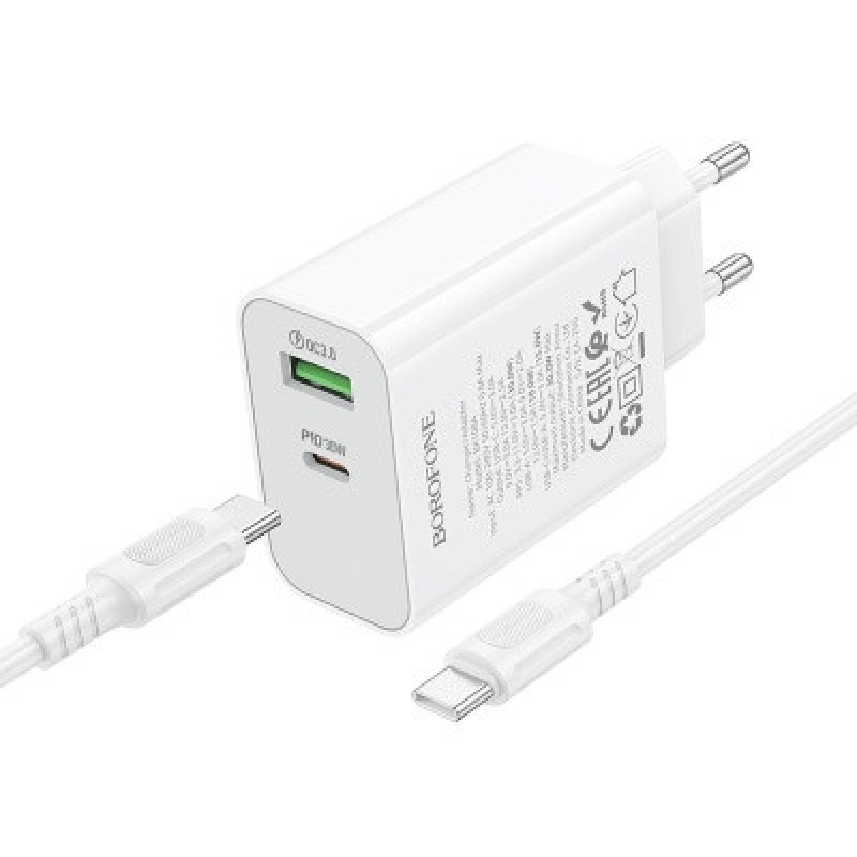 Φορτιστής Τοίχου 30W USB-C PD & USB-A QC 3.0 Λευκός - Borofone BA108A C-C - Image 3