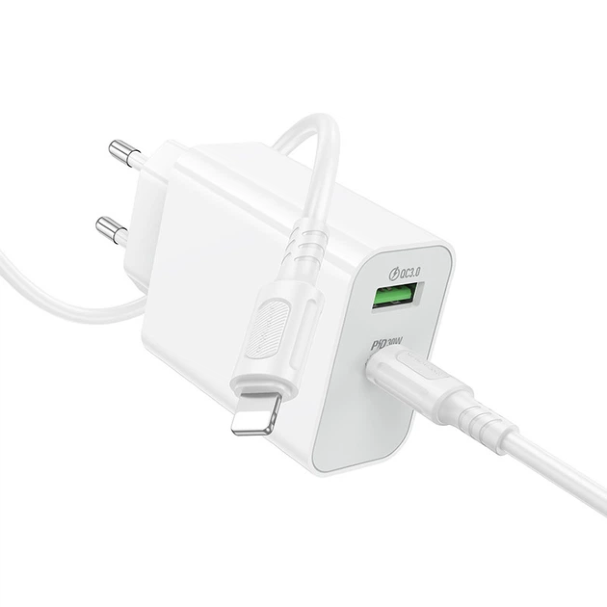 Φορτιστής Τοίχου 30W USB-C PD & USB-A QC 3.0 με Καλώδιο USB-C σε Lightning Λευκός - Borofone BA108A c-ios Stellar - Image 4