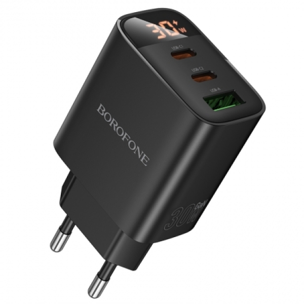 Φορτιστής Τοίχου PD 30W με 2x USB-C, USB-A, LED Οθόνη & Καλώδιο USB-C σε Lightning 1m Μαύρος - Borofone BA98A