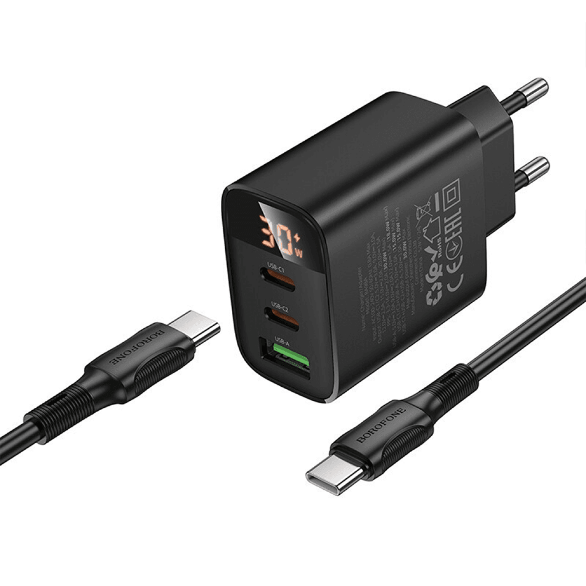 Φορτιστής Τοίχου PD 30W με 2x USB-C, USB-A, LED Οθόνη & Καλώδιο USB-C σε Lightning 1m Μαύρος - Borofone BA98A - Image 2