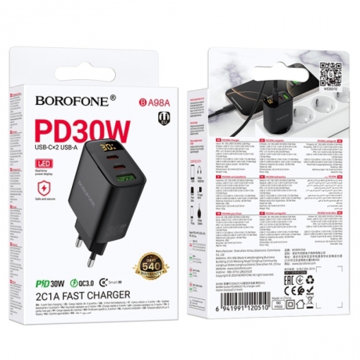Φορτιστής Τοίχου PD 30W με 2x USB-C, USB-A, LED Οθόνη & Καλώδιο USB-C σε Lightning 1m Μαύρος - Borofone BA98A - Image 4