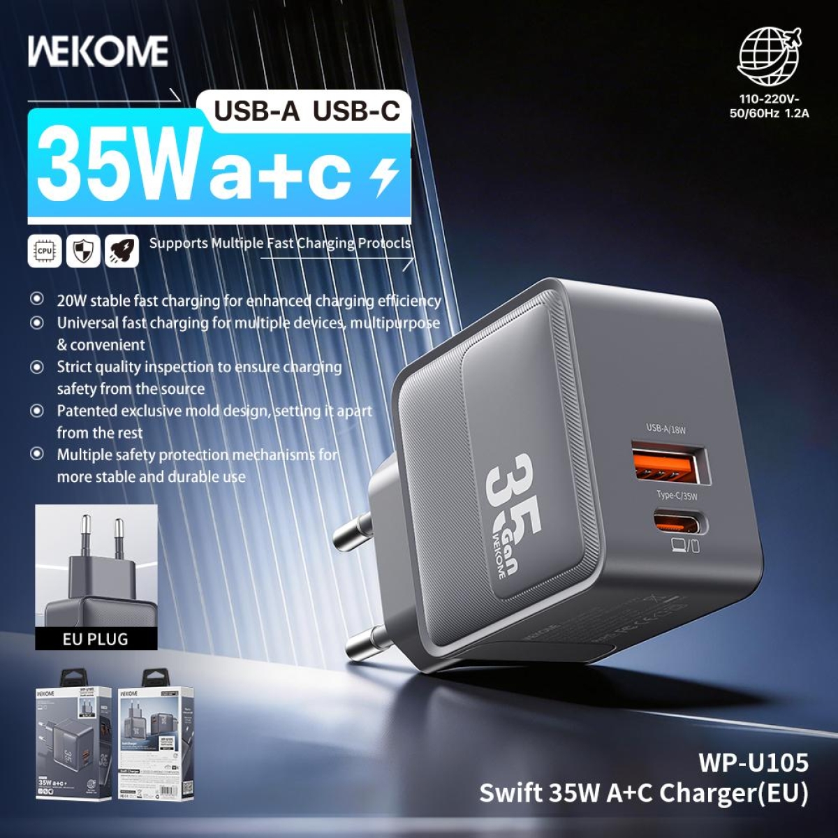 Φορτιστής USB-A + USB-C 35W PD/PPS Fast Charger EU Wekome WP-U105 - Image 4
