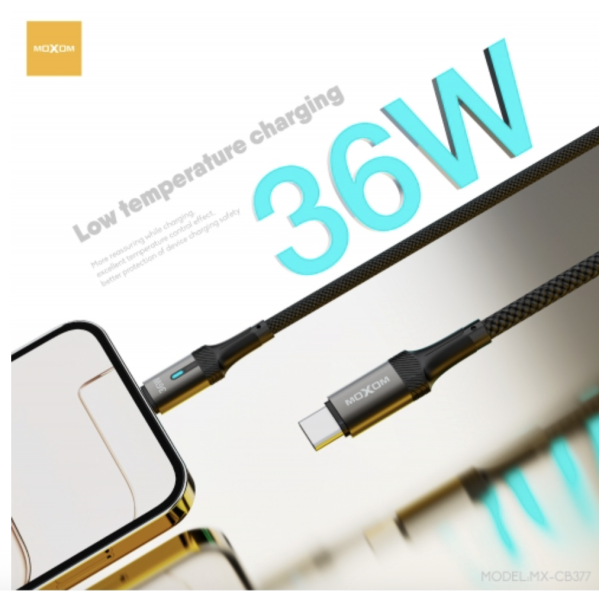 Καλώδιο Φόρτισης USB Type-C Σε Type-C 100W Με Smart Auto Power Off 1.2m Moxom MX-CB377 - Image 5