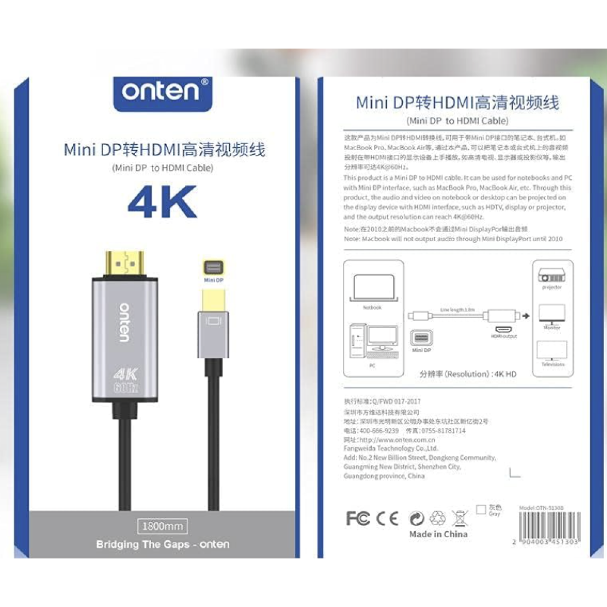 Καλώδιο Mini DisplayPort Σε HDMI 4K 60Hz 1.8m Onten OTN-5130B - Image 3