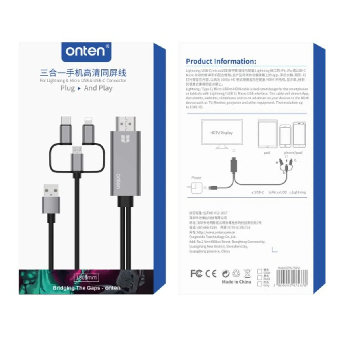 Καλώδιο Προβολής Οθόνης Σε HDMI Full HD 1080P Lightning / Type-C / Micro USB Onten OTN-7537A - Image 2