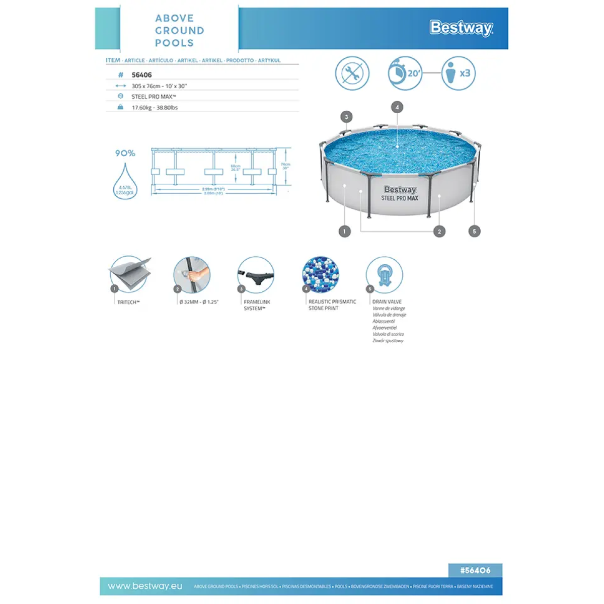 Πισίνα Μεταλλικού Σκελετού Steel Pro MAX™ Ø305x76 εκ. Bestway 56406 - Image 7