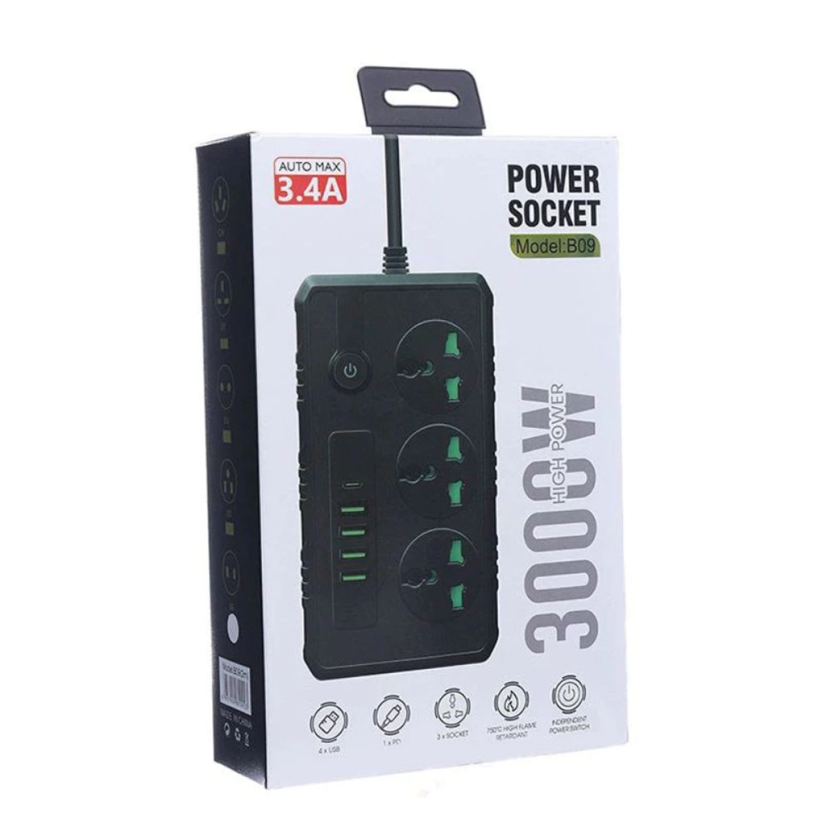 Πολύπριζο Ρεύματος B09 3000W με 3 Πρίζες και 5 USB