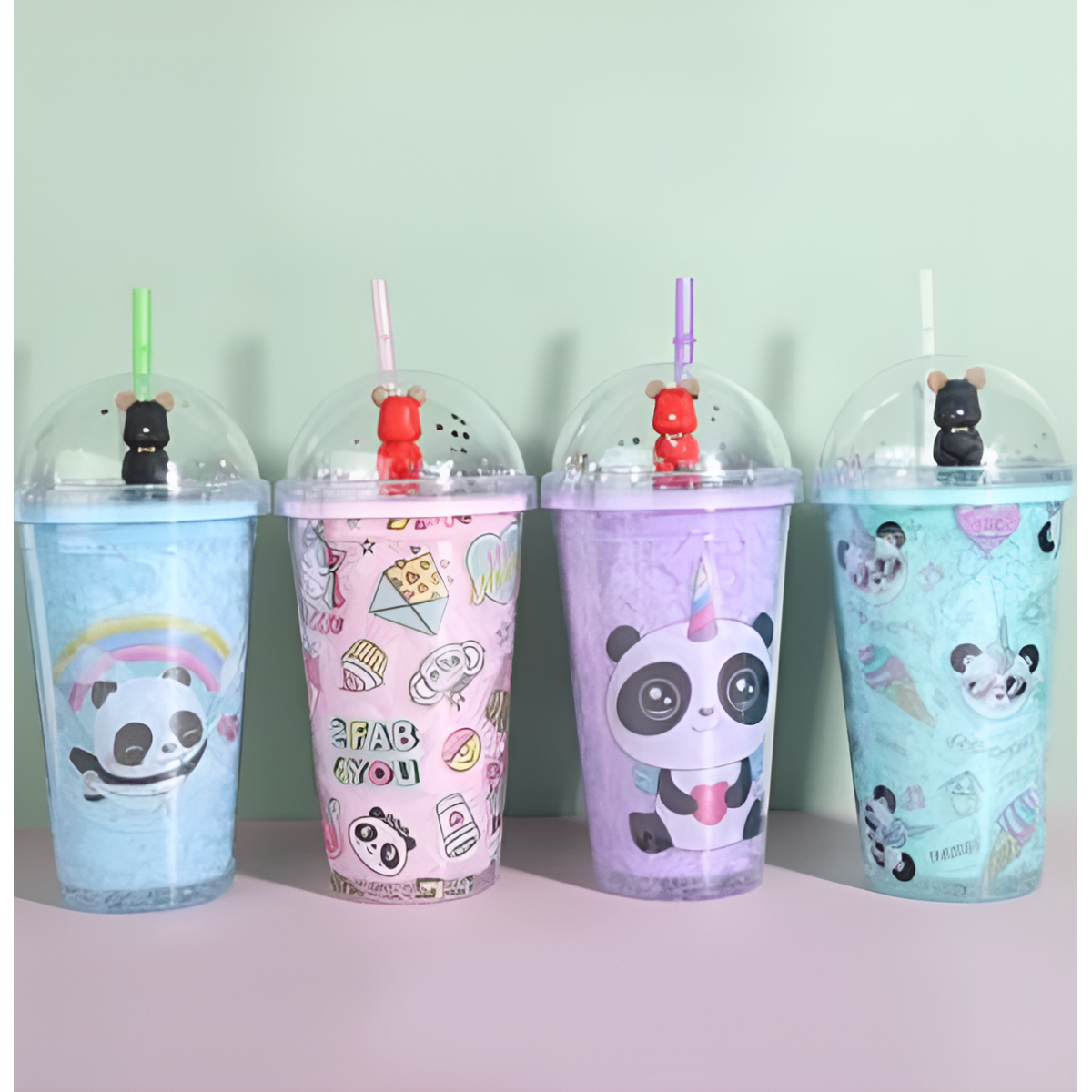 Ποτήρι Πλαστικό με Καπάκι και Καλαμάκι Panda 450ml SDS-24791