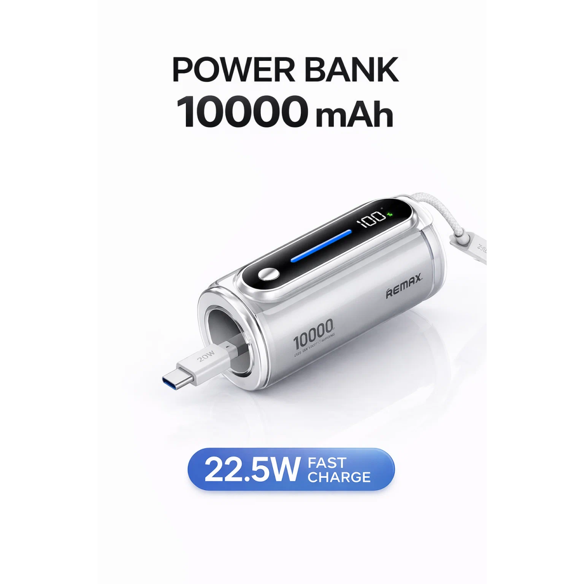 Power Bank 10000mAh 22.5W PD με Ενσωματωμένο Καλώδιο USB-C και Οθόνη LED Remax WP-117 - Image 4