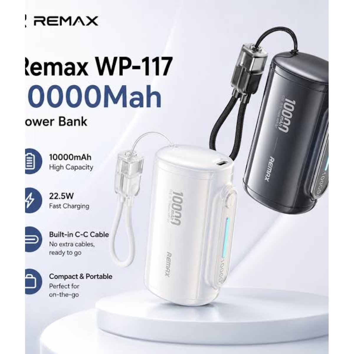 Power Bank 10000mAh 22.5W PD με Ενσωματωμένο Καλώδιο USB-C και Οθόνη LED Remax WP-117 - Image 3