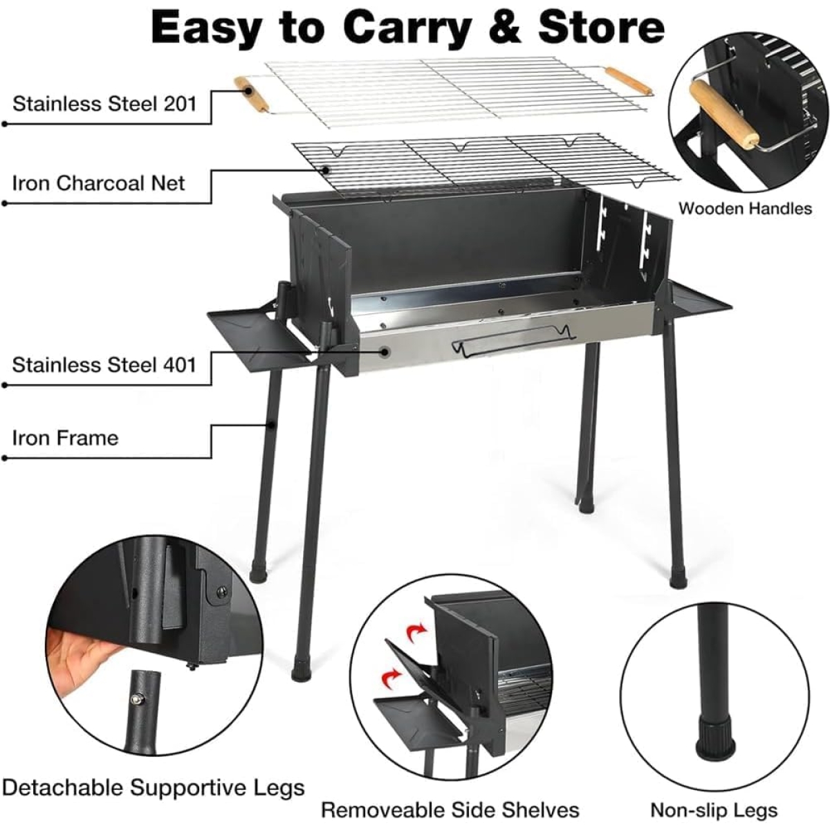 Ψησταριά Κάρβουνου BBQ με Ρυθμιζόμενο Ύψος 66x30cm K601 - Image 3