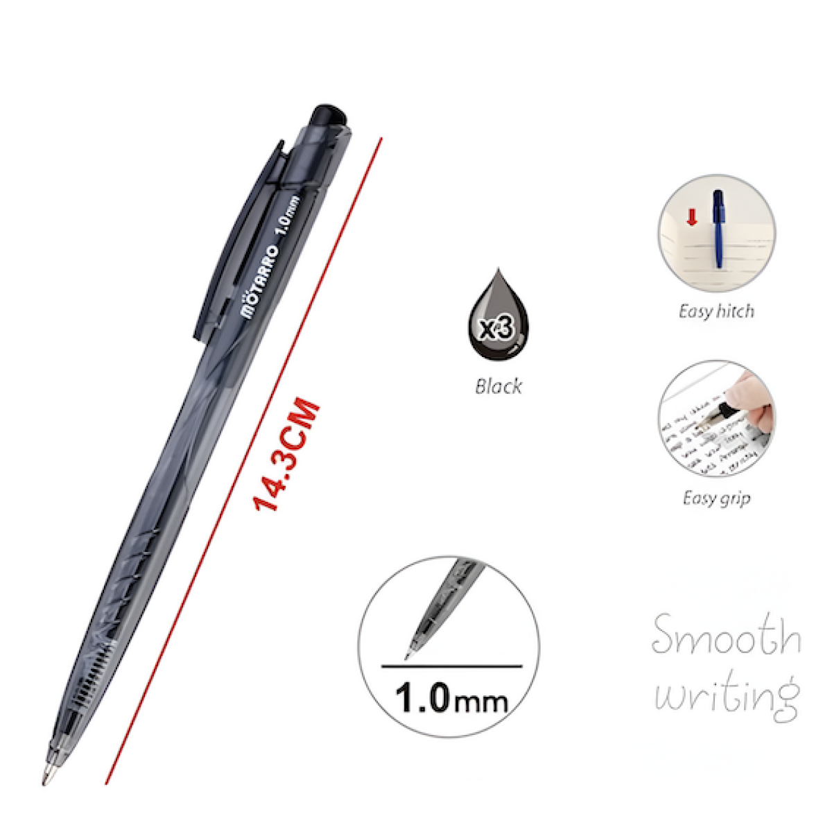 Στυλό Διαρκείας Μαύρο Σετ 3 Τεμαχίων 1.0mm Motarro MC026-1 - Image 2