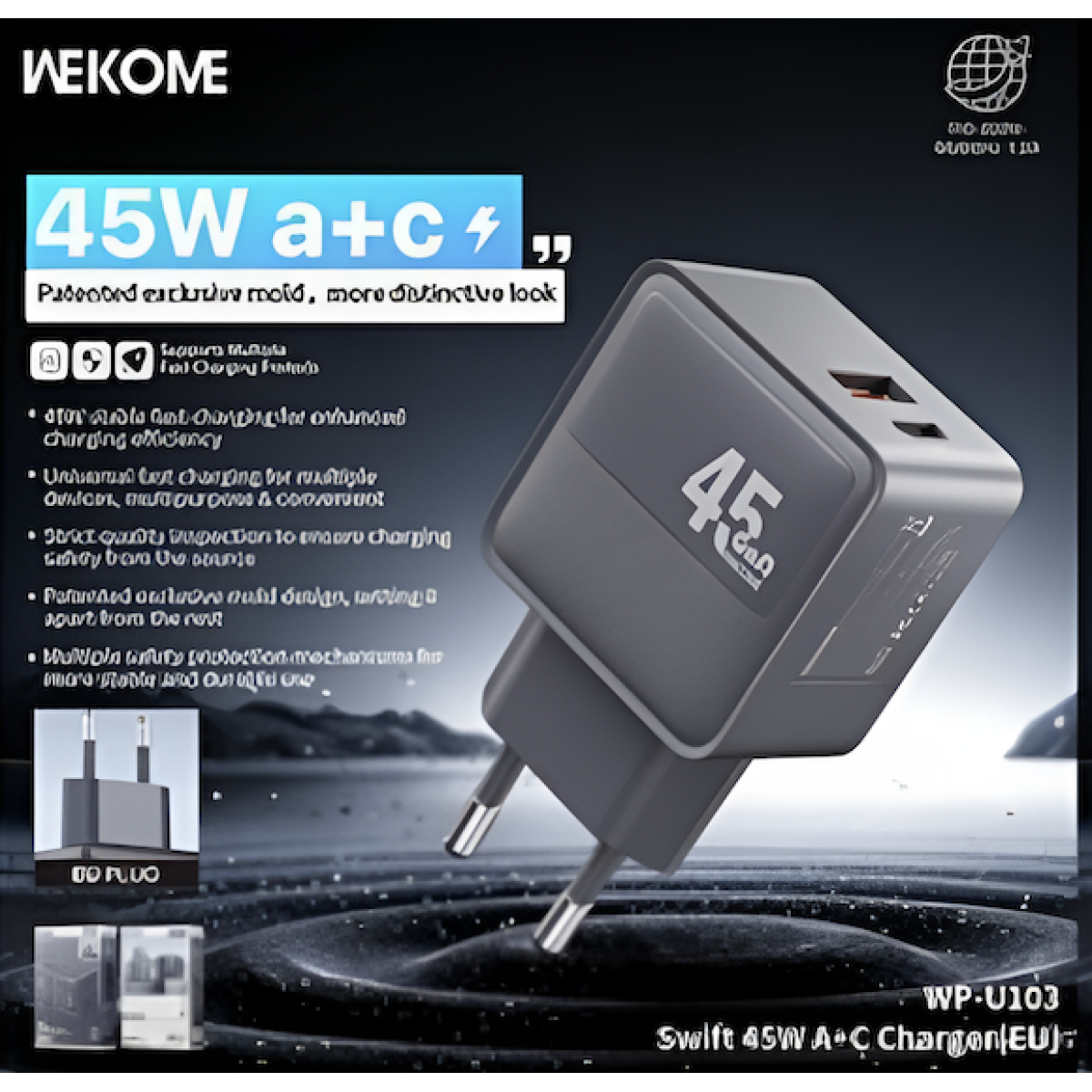 Ταχυφορτιστής GaN USB-C + USB-A 45W Wekome WP-U103 Γκρι - Image 3