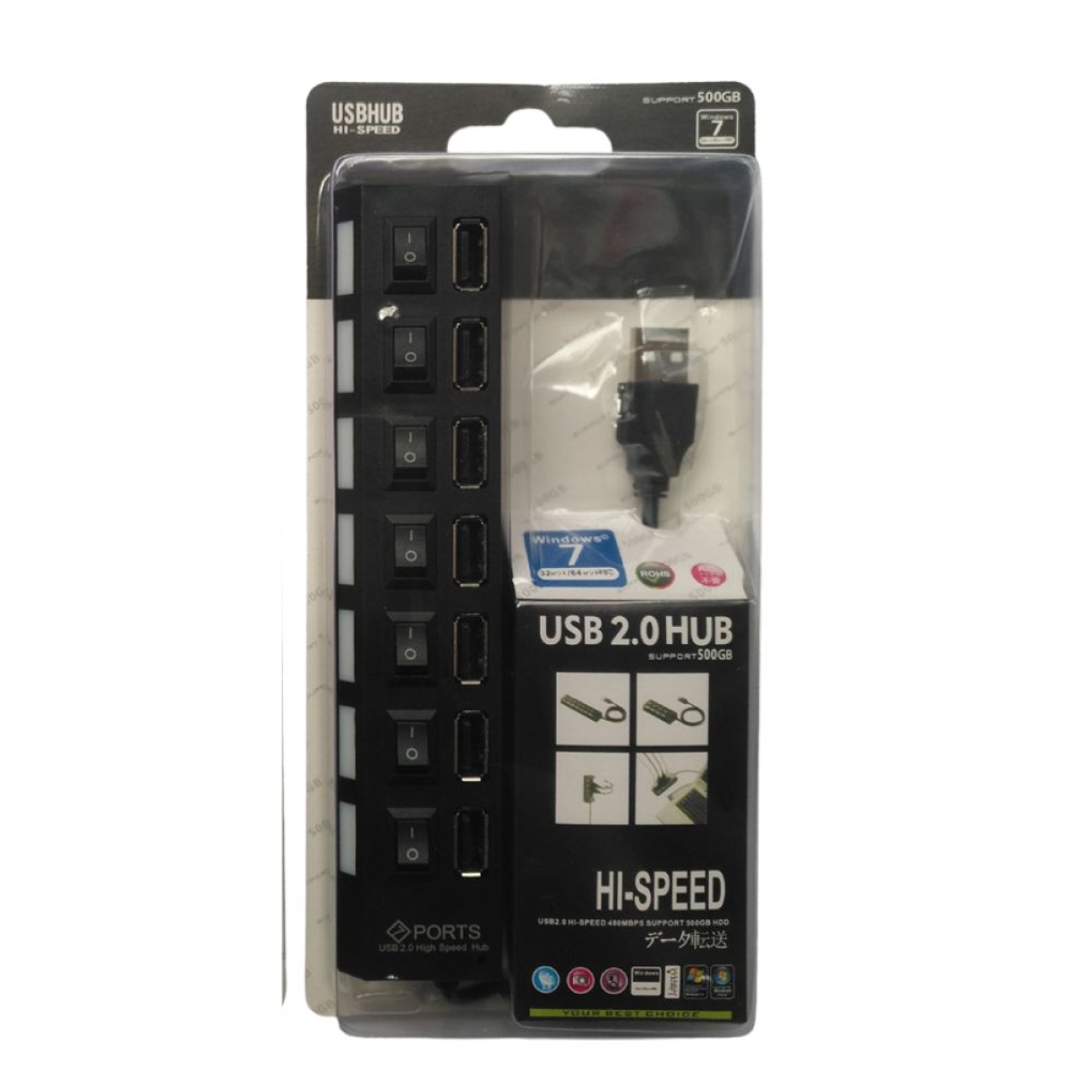 USB 2.0 Hub 7 Θυρών με Σύνδεση USB-A – Μαύρο, Ταχύτητα 480Mbps, Μεμονωμένοι Διακόπτες On/Off