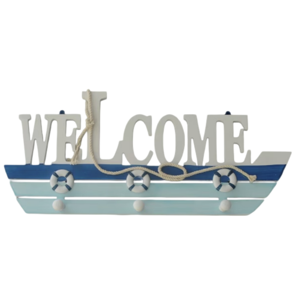 Ξύλινη Κρεμάστρα Τοίχου "Welcome" με Ναυτικό Σχέδιο F23030