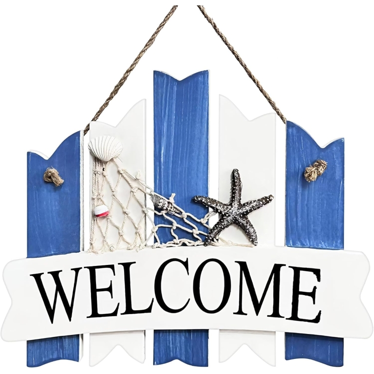 Ξύλινο Κρεμαστό Διακοσμητικό WELCOME με Θαλασσινό Σχέδιο L804