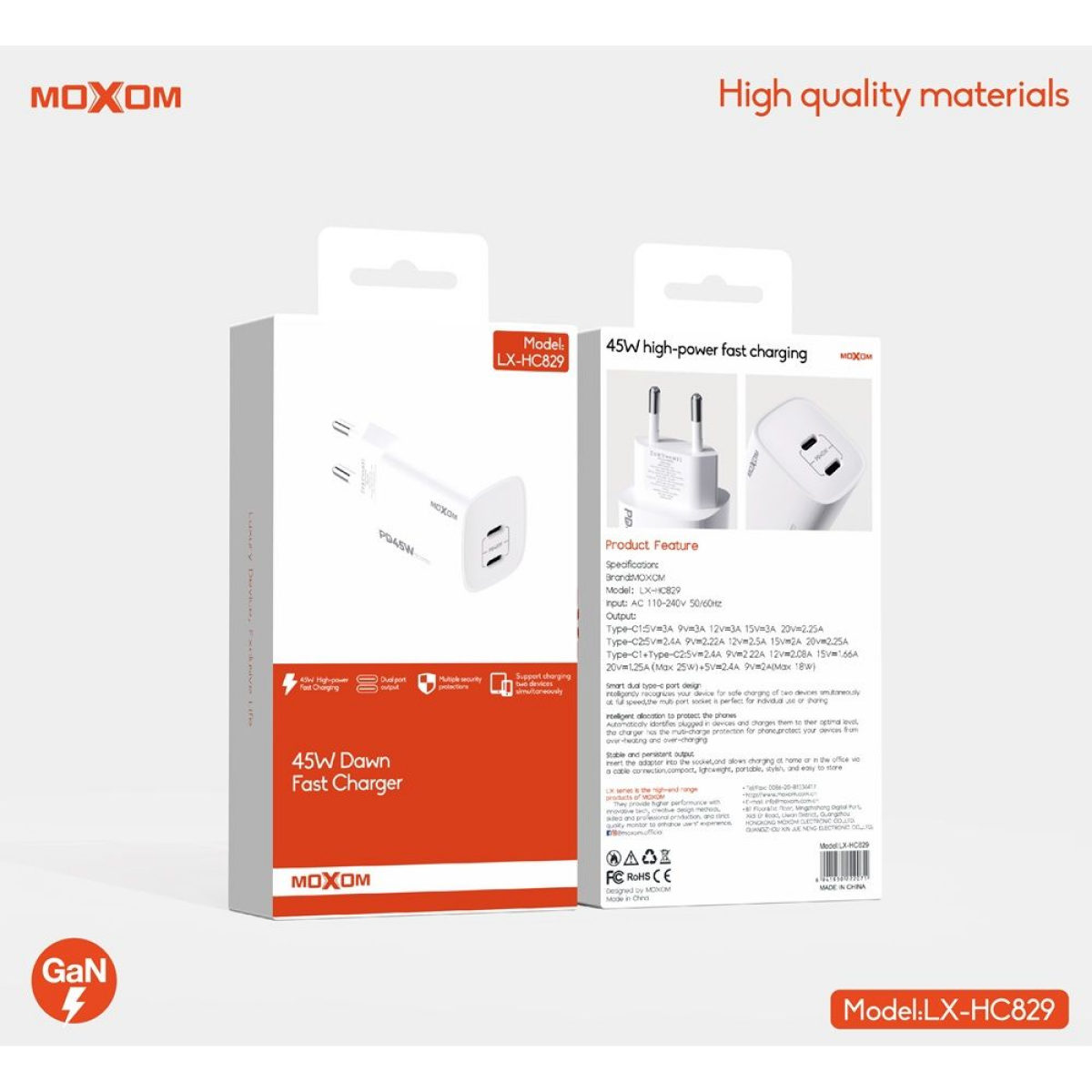 45W GaN Φορτιστής Ταχείας Φόρτισης με 2x USB-C Moxom LX-HC829 - Image 5