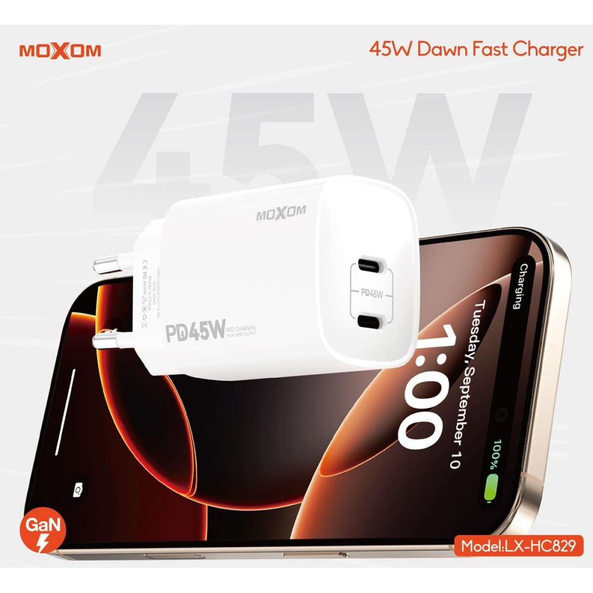 45W GaN Φορτιστής Ταχείας Φόρτισης με 2x USB-C Moxom LX-HC829 - Image 8