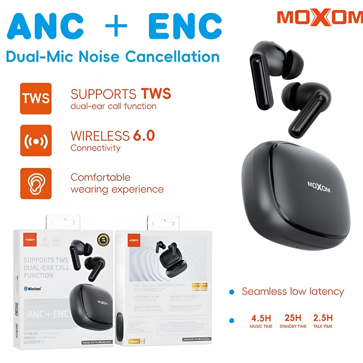 Ασύρματα Ακουστικά Bluetooth 6.0 TWS με ANC & ENC Moxom MX-TW98 - Image 2