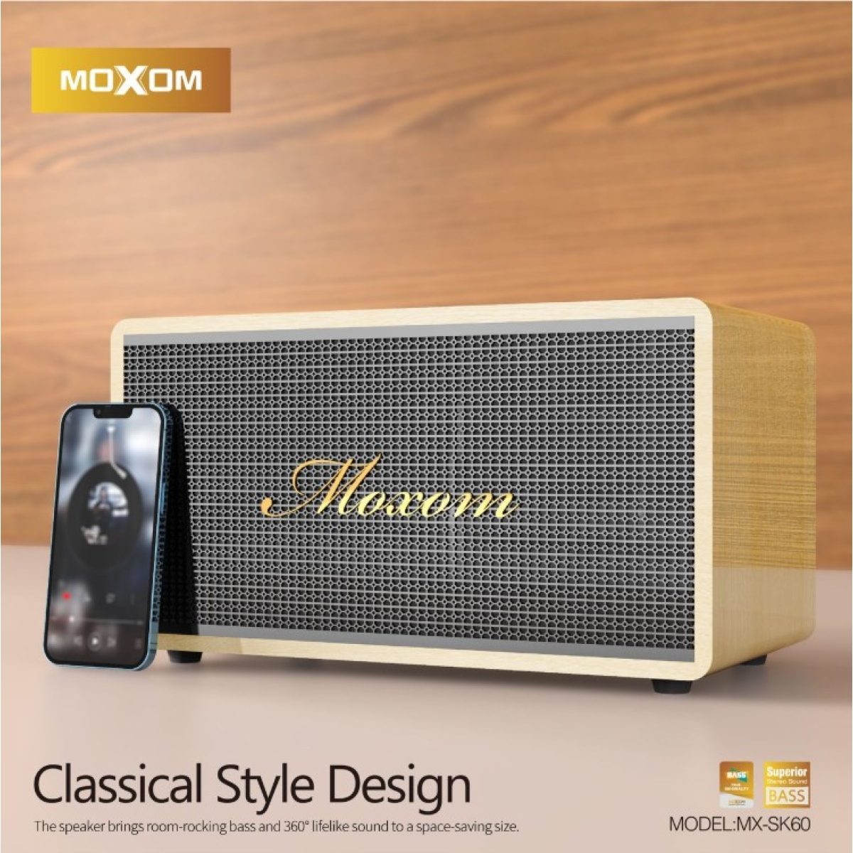 Ασύρματο Ηχείο Bluetooth 5.2 80W Hi-Fi με Ξύλινο Σχεδιασμό Moxom MX-SK60 - Image 2